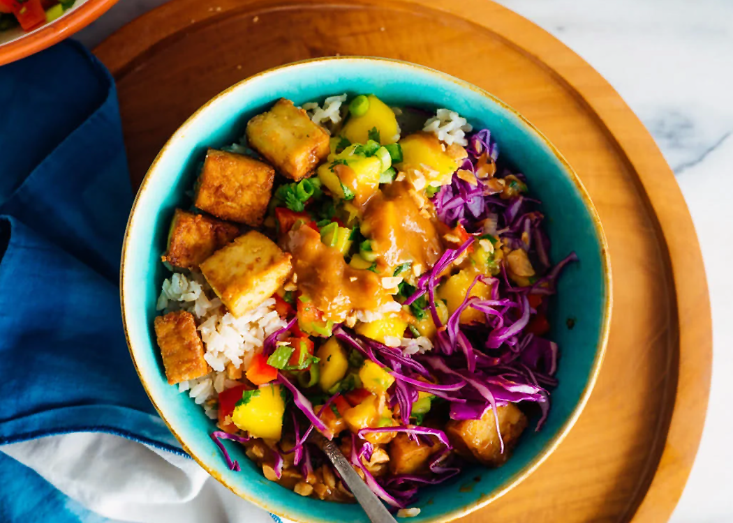 Mango Burrito Bowl with Crispy Tofu and Peanut Sauce
